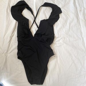 NWT Shade & Shore Black ruffle Plunge 1 piece swim suit Sz S (4-6).  Cheeky cut